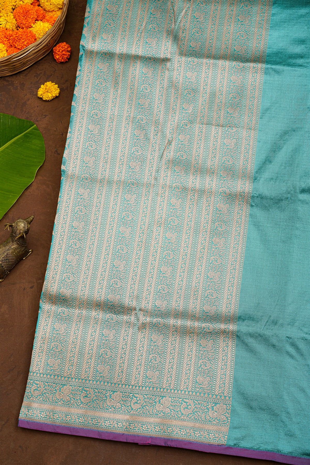 Banarasi Silk Sky Blue Saree With Florals And Birds