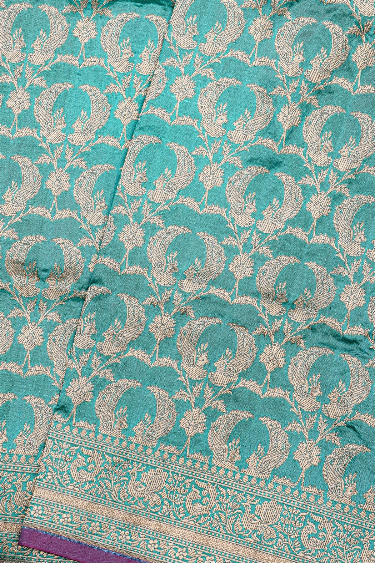 Banarasi Silk Sky Blue Saree With Florals And Birds