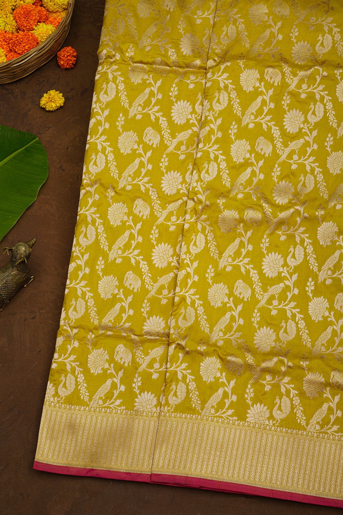 Banarasi Silk Yellow Saree With Florals And Animals Body