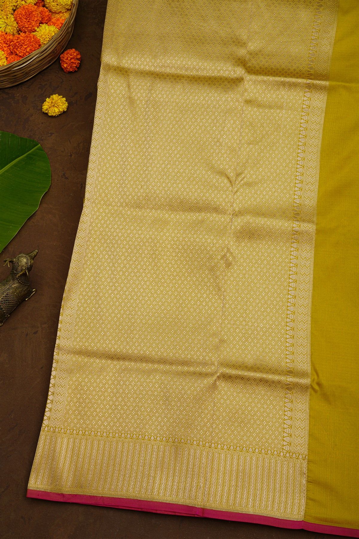 Banarasi Silk Yellow Saree With Florals And Animals Body