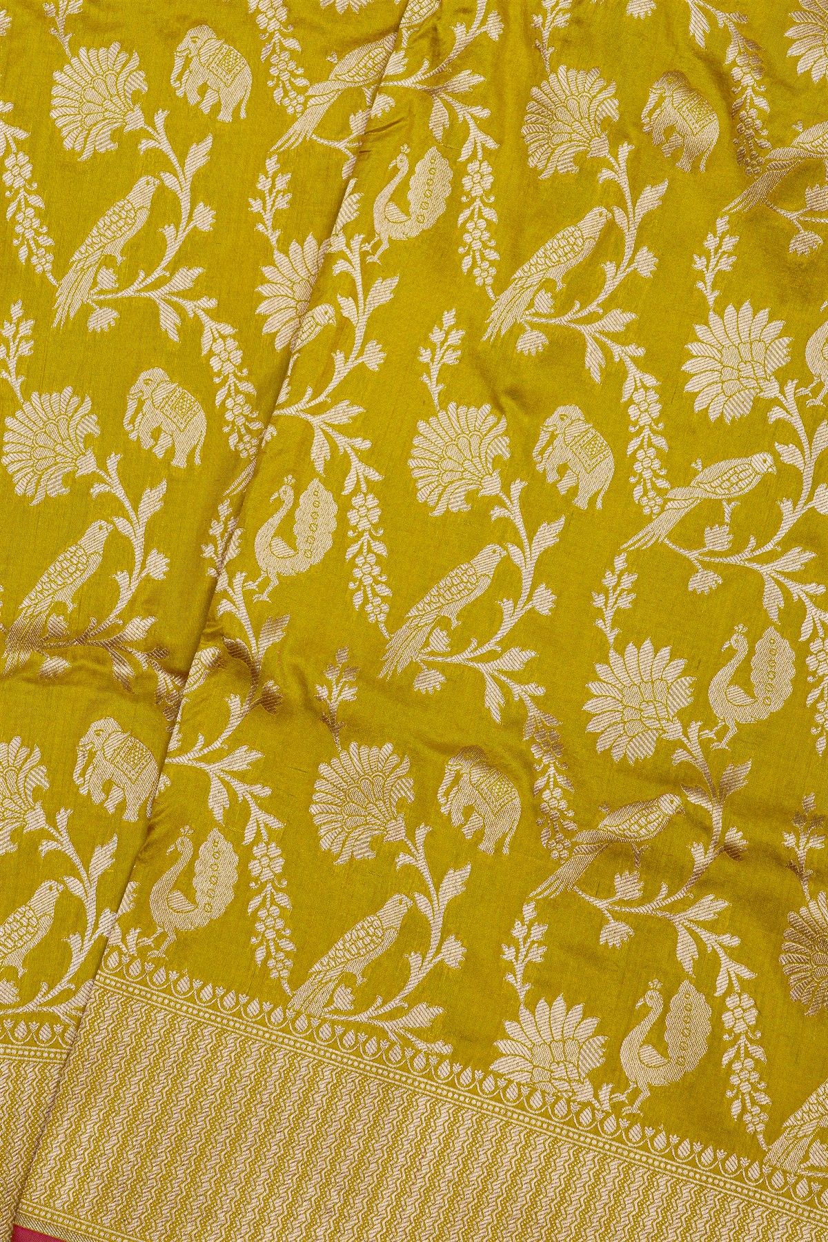 Banarasi Silk Yellow Saree With Florals And Animals Body