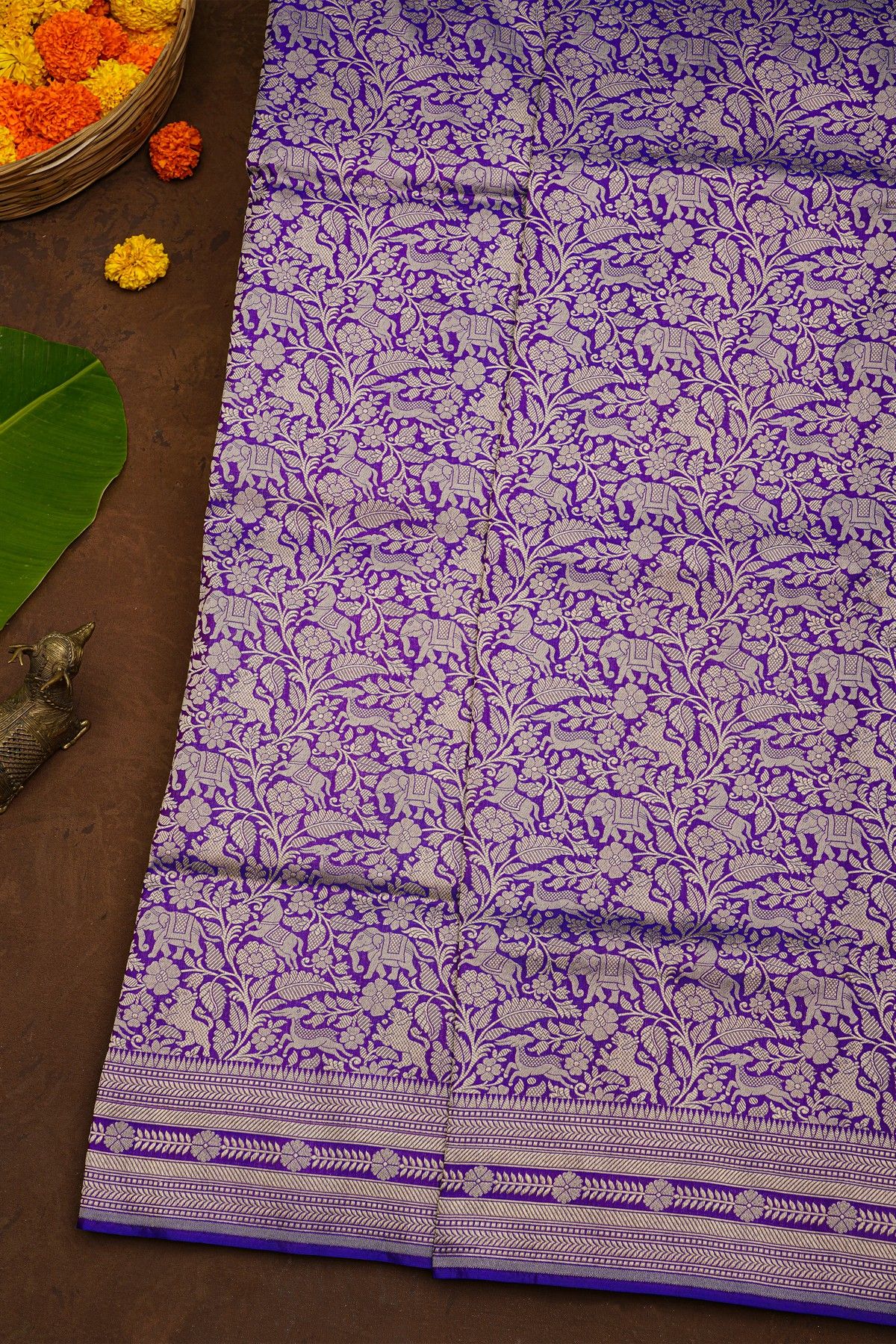 Banarasi Silk Purple Saree With Florals And Leaves Self Border
