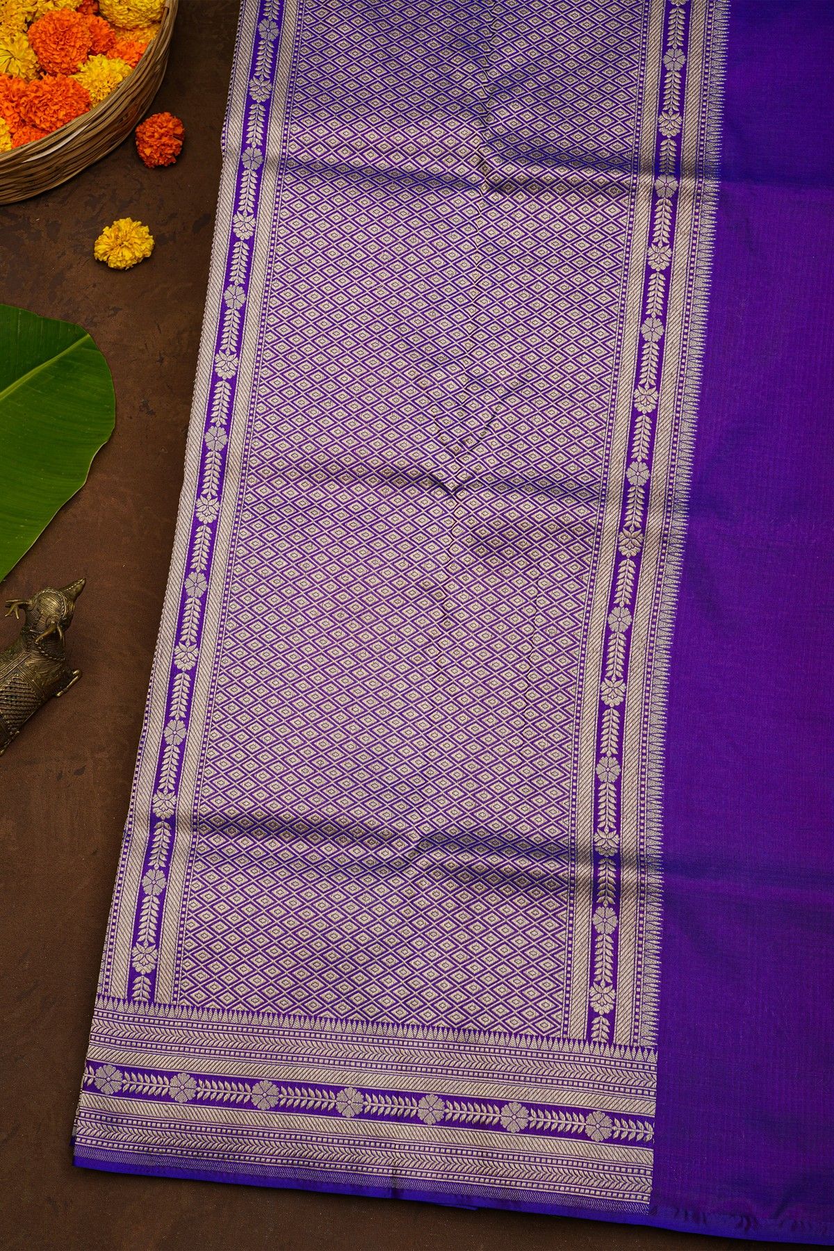 Banarasi Silk Purple Saree With Florals And Leaves Self Border