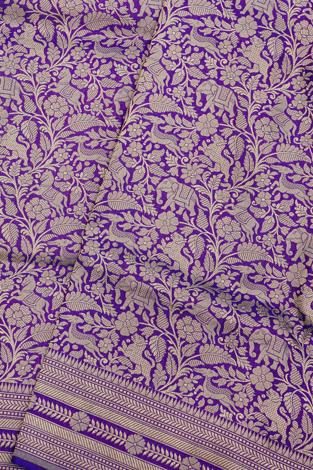 Banarasi Silk Purple Saree With Florals And Leaves Self Border