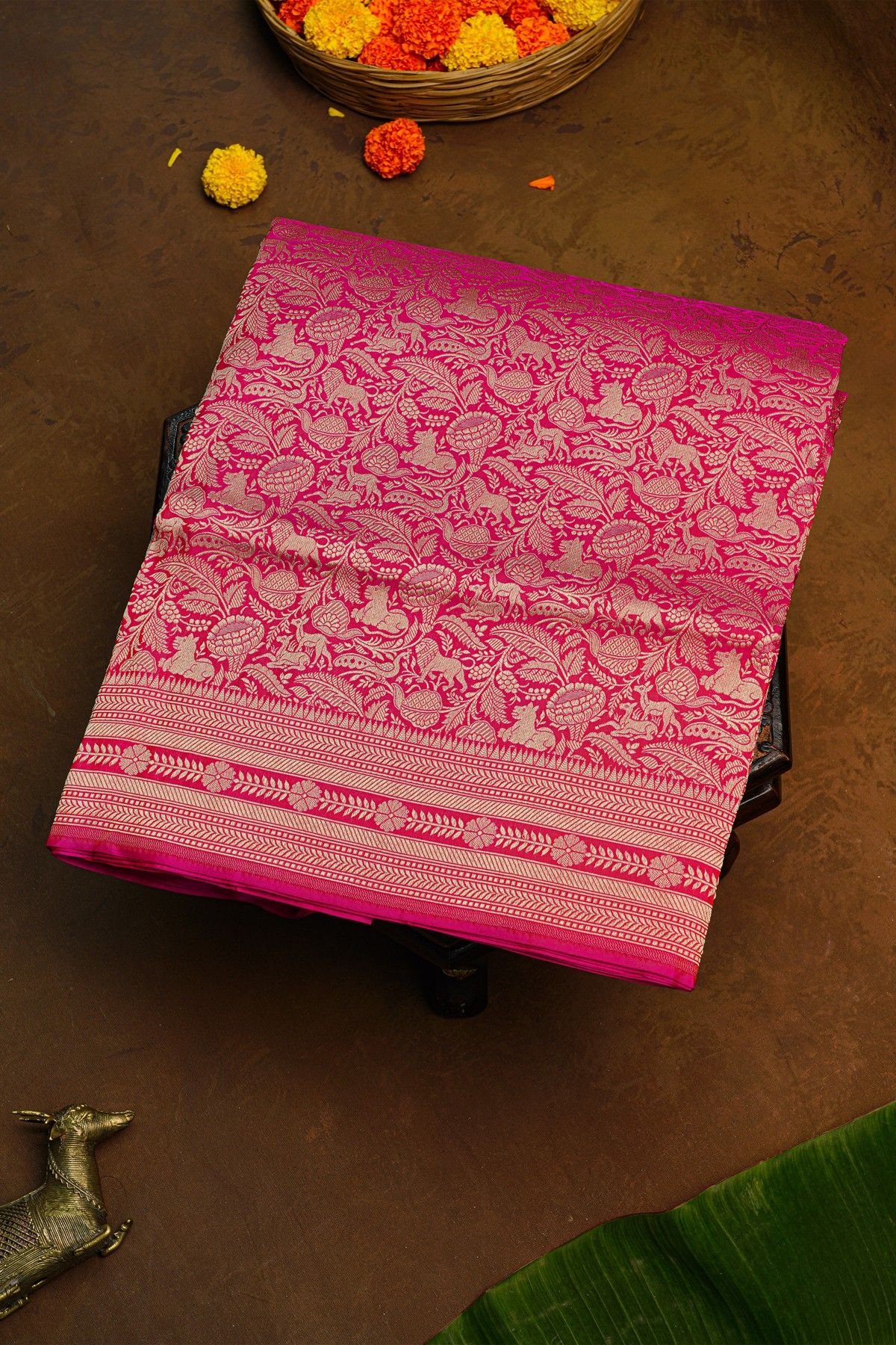 Banarasi Silk Pink Saree With Florals And Animals Body