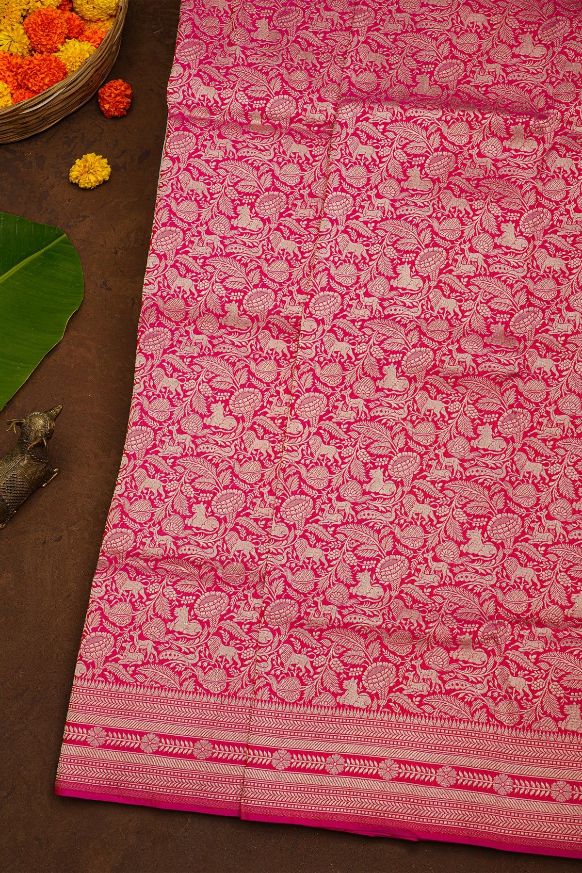 Banarasi Silk Pink Saree With Florals And Animals Body