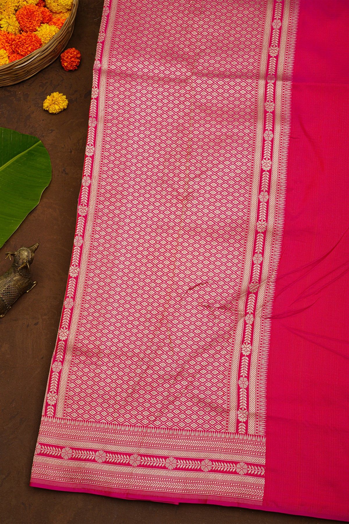 Banarasi Silk Pink Saree With Florals And Animals Body