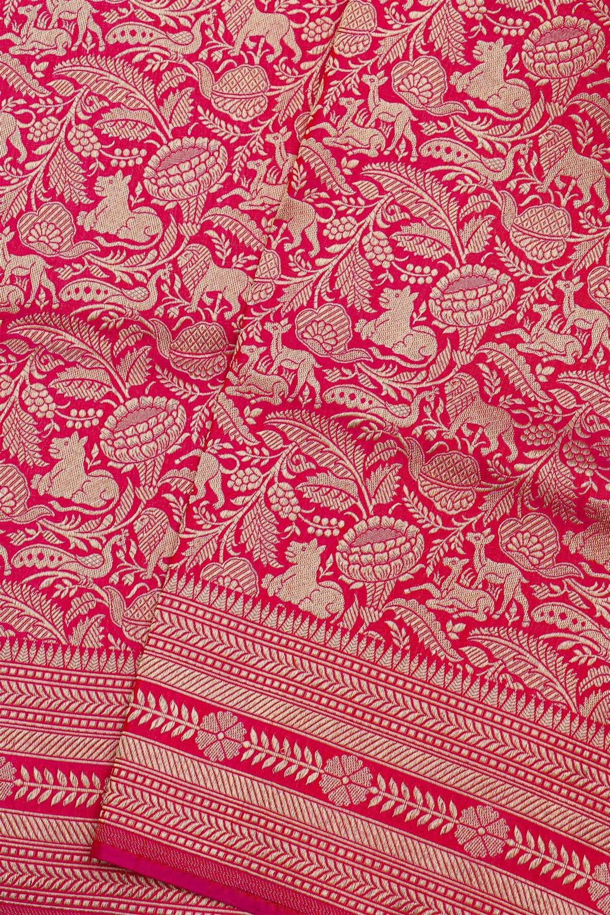 Banarasi Silk Pink Saree With Florals And Animals Body