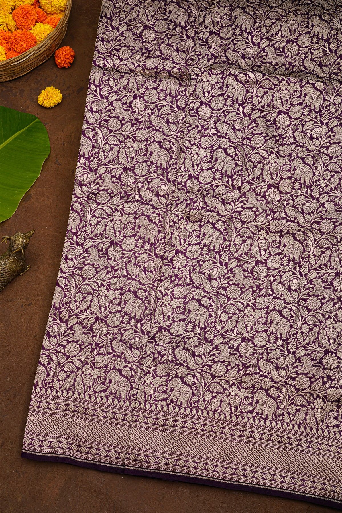 Banarasi Silk Dark Purple Saree With Diamonds In Zari Border