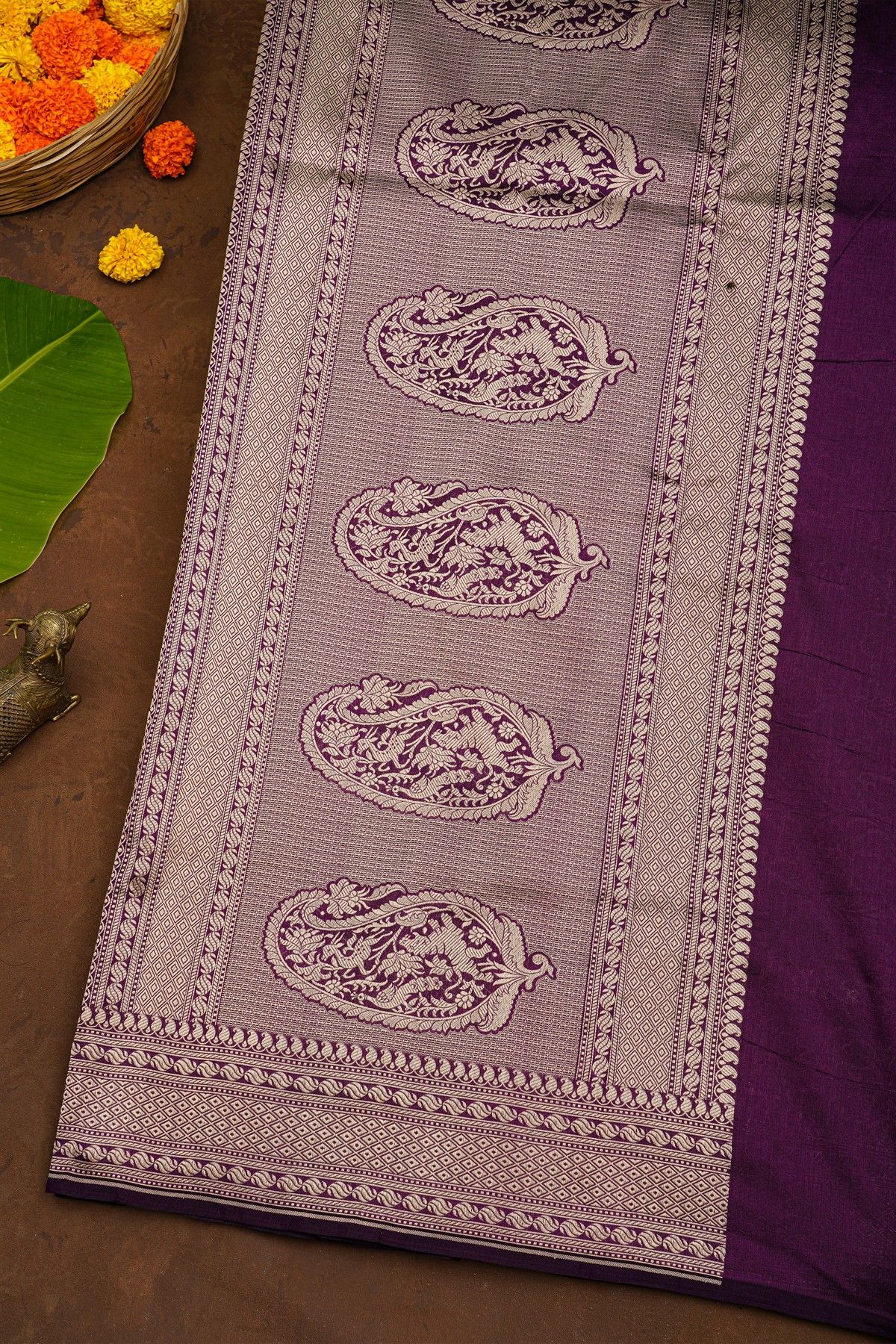 Banarasi Silk Dark Purple Saree With Diamonds In Zari Border
