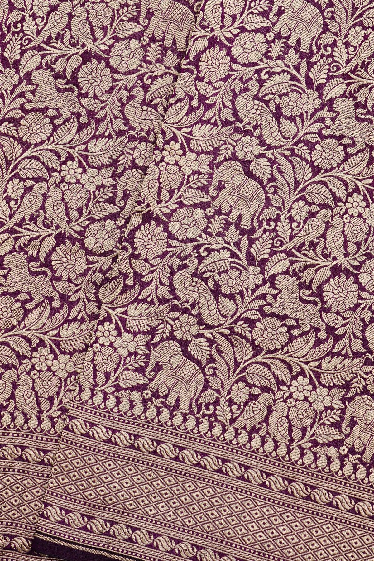 Banarasi Silk Dark Purple Saree With Diamonds In Zari Border
