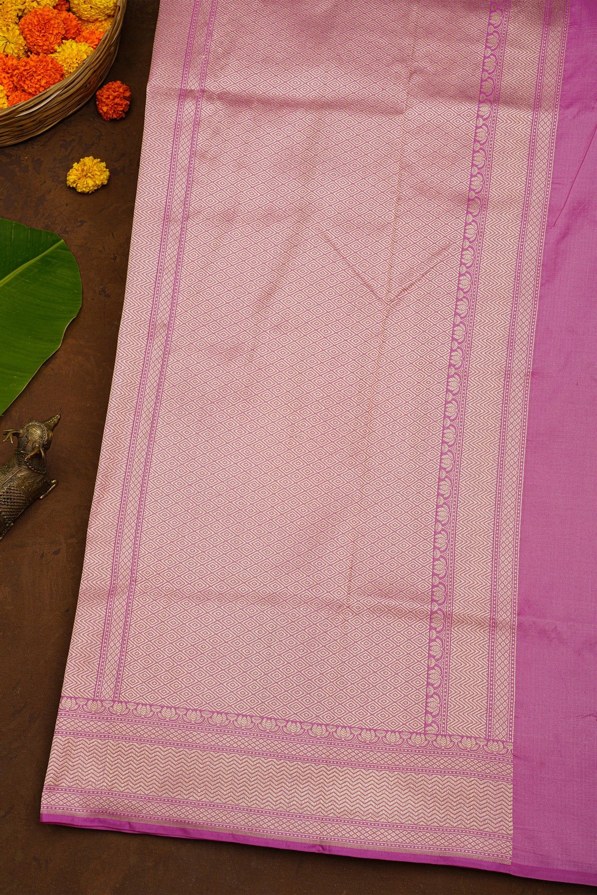 Banarasi Silk Baby Pink Saree WIth Florals And Cows Body