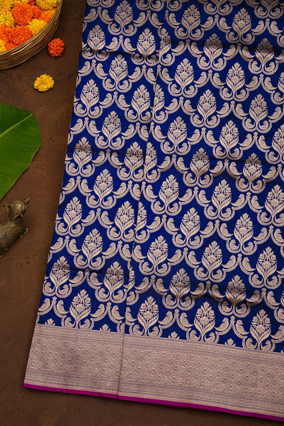 Banarasi Silk Royal Blue Saree With Florals And Birds