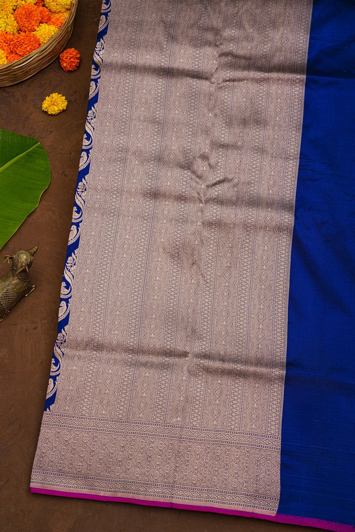 Banarasi Silk Royal Blue Saree With Florals And Birds