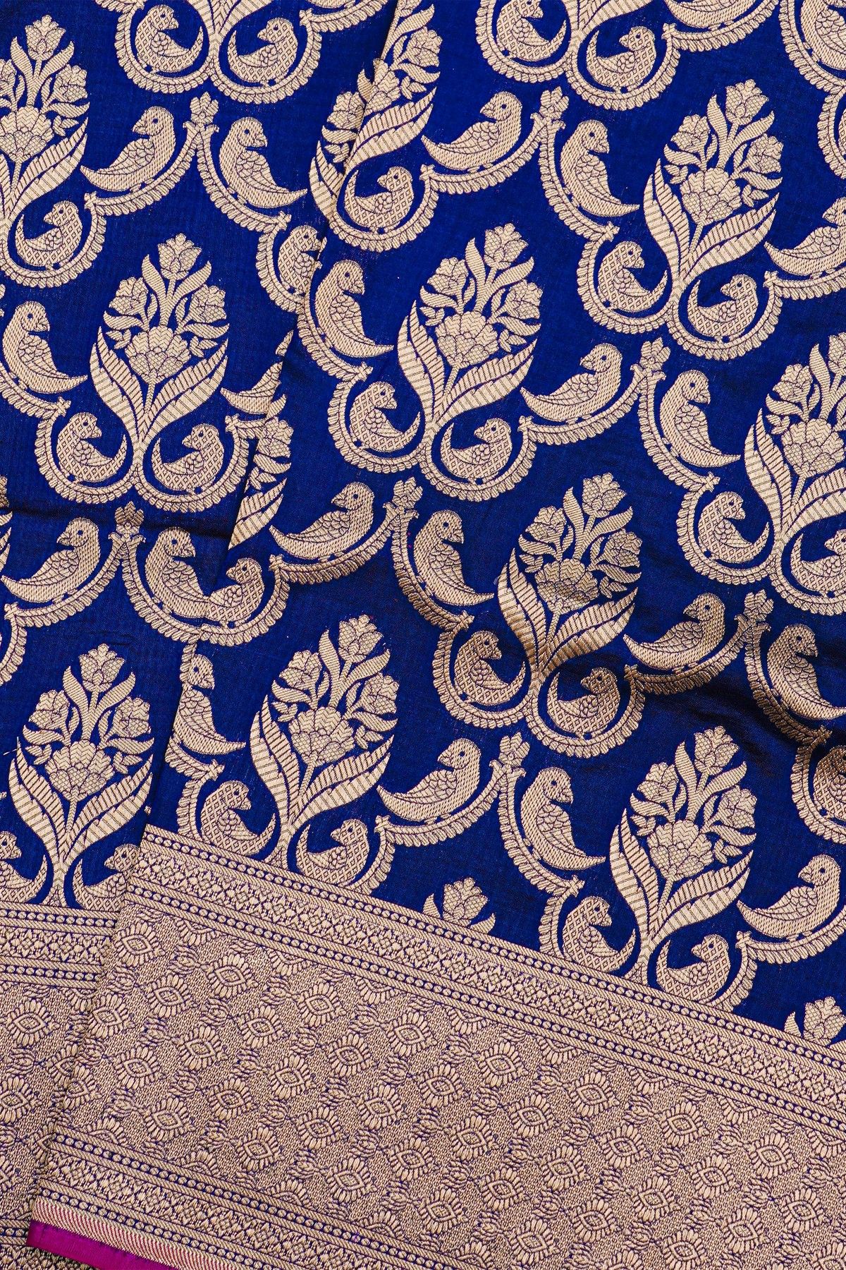 Banarasi Silk Royal Blue Saree With Florals And Birds