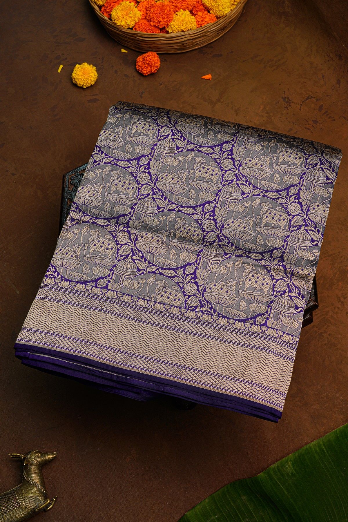 Banarasi Silk Royal Blue Saree With Florals And Cows Body