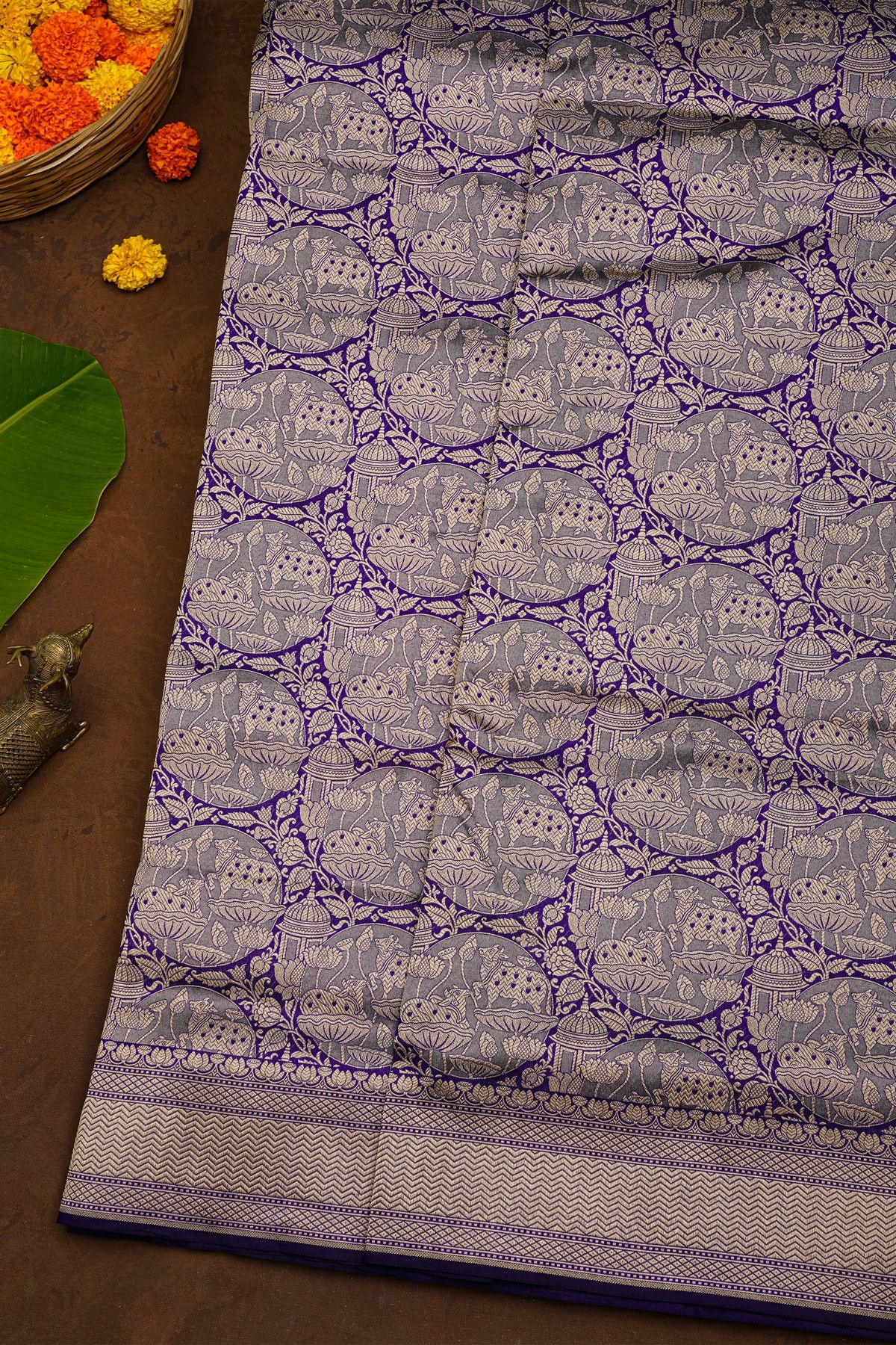 Banarasi Silk Royal Blue Saree With Florals And Cows Body