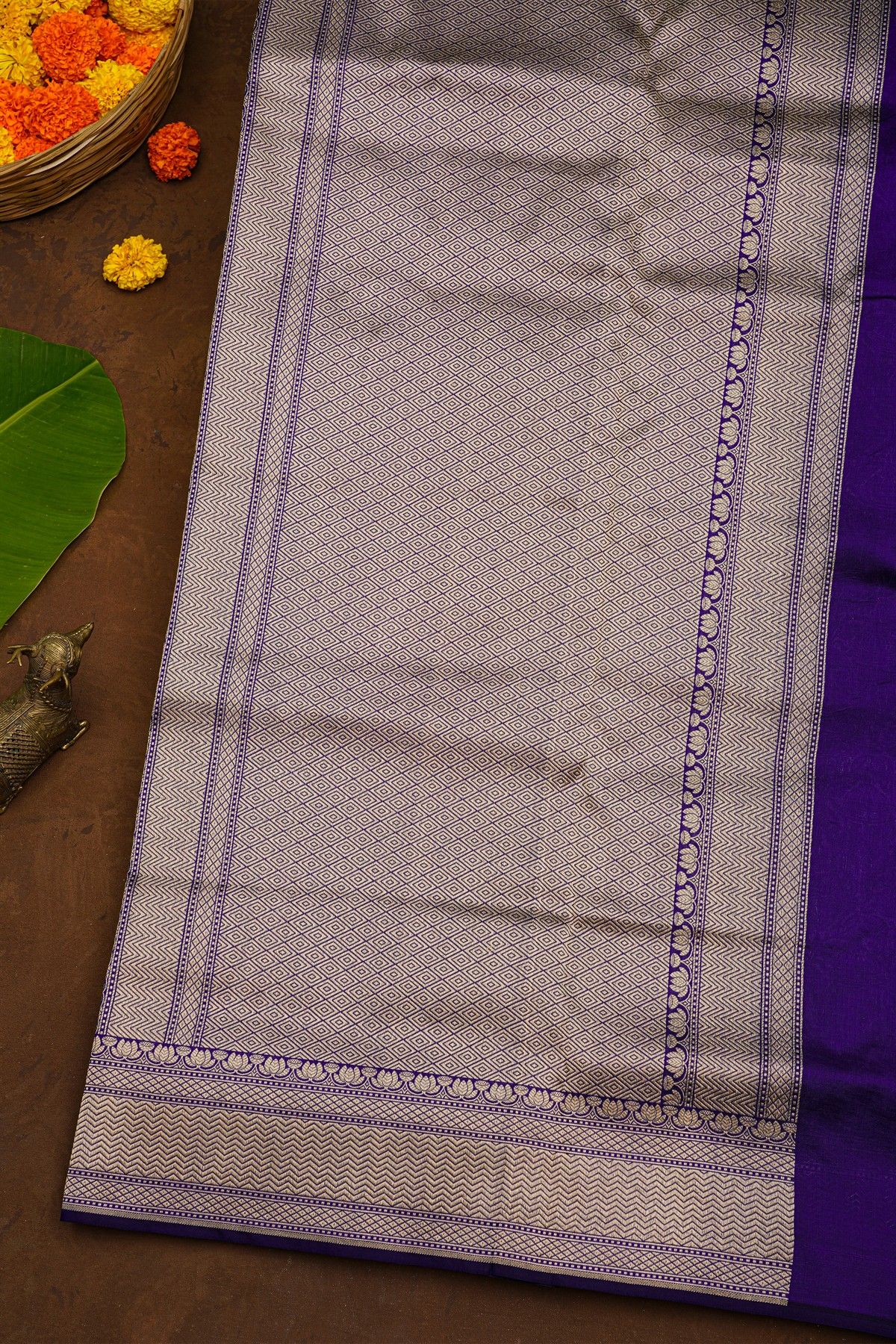 Banarasi Silk Royal Blue Saree With Florals And Cows Body