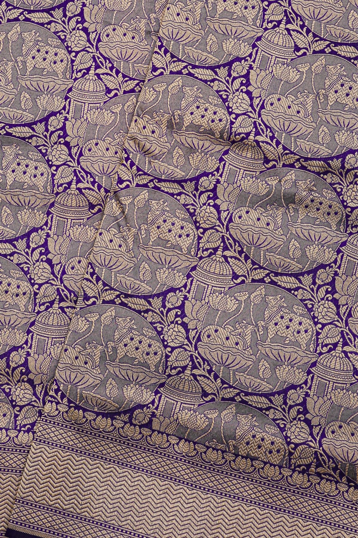Banarasi Silk Royal Blue Saree With Florals And Cows Body