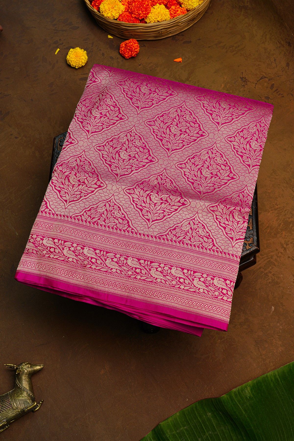 Banarasi Silk Pink Saree With Florals And Birds Border