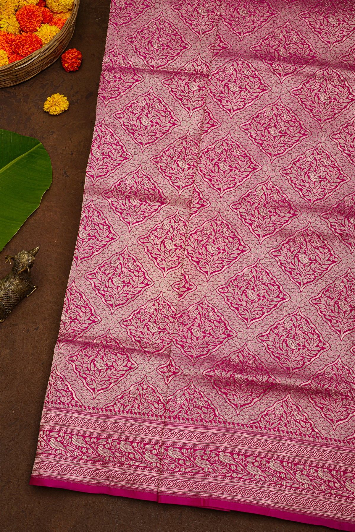 Banarasi Silk Pink Saree With Florals And Birds Border