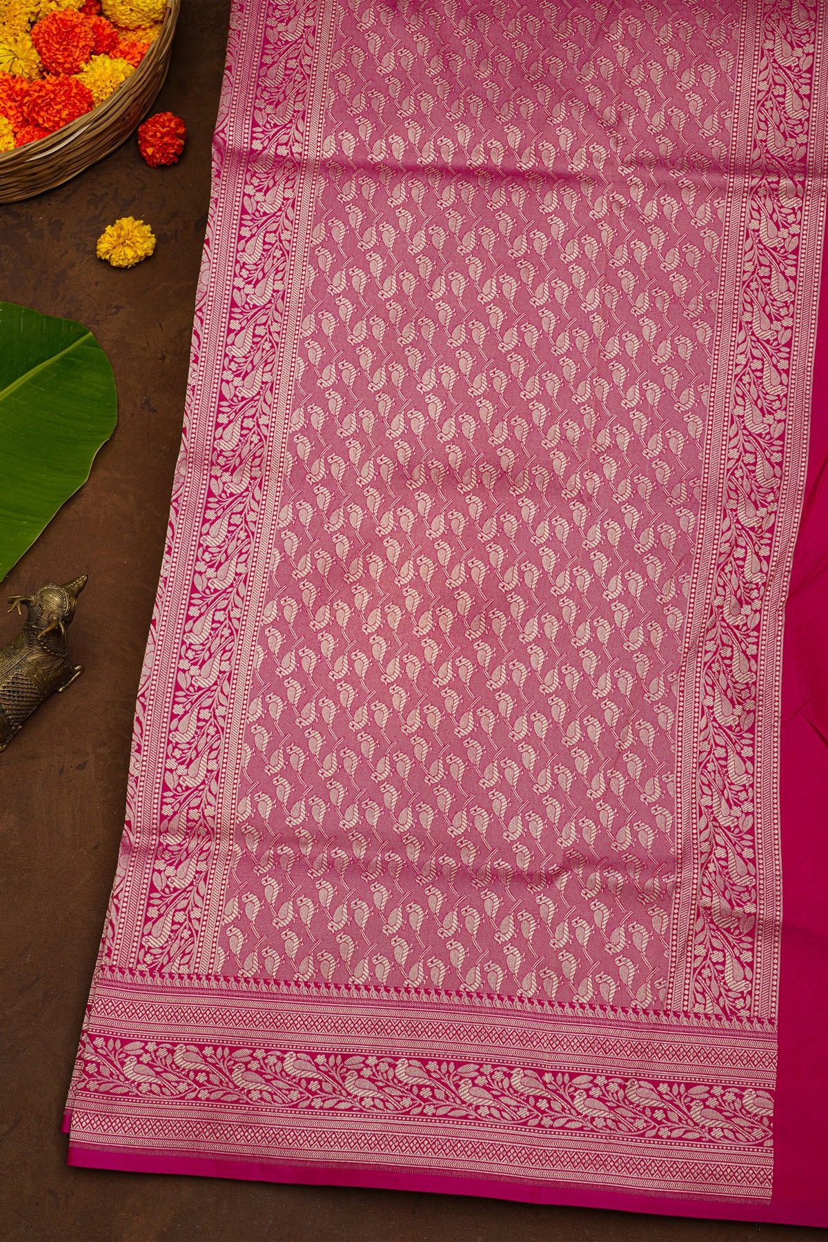 Banarasi Silk Pink Saree With Florals And Birds Border