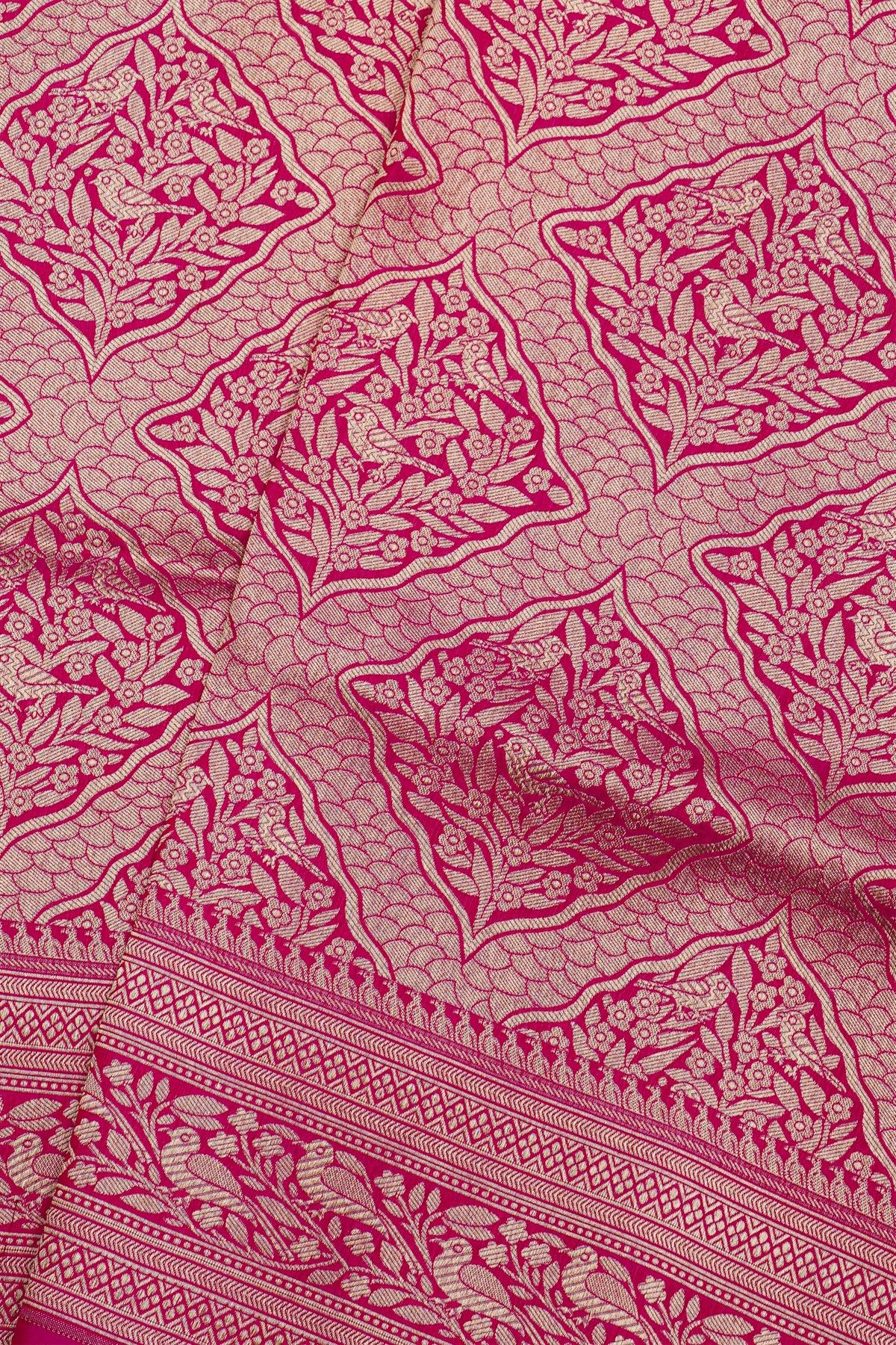Banarasi Silk Pink Saree With Florals And Birds Border