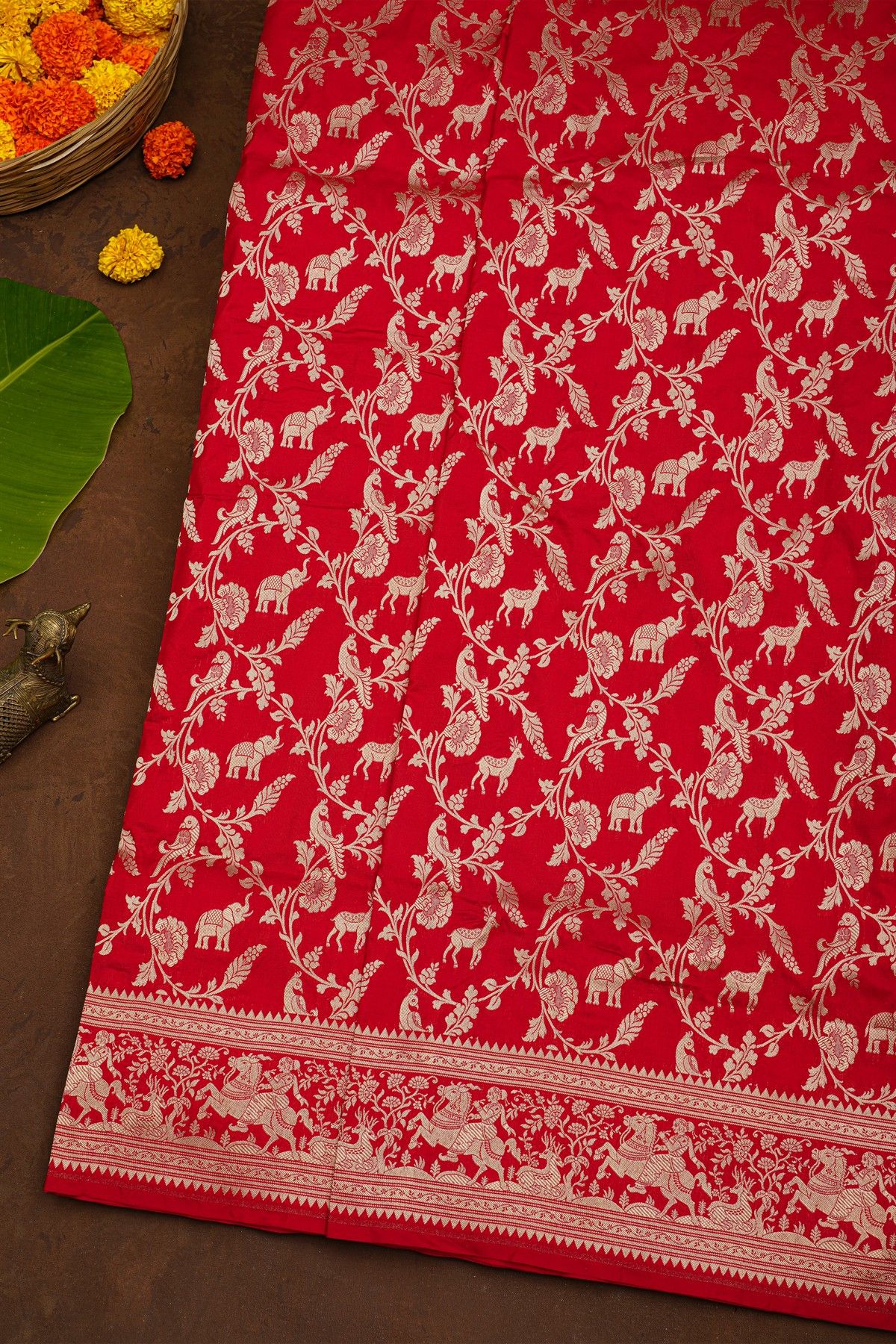 Banarasi Silk Red Saree With Animals And Women Motifs Border