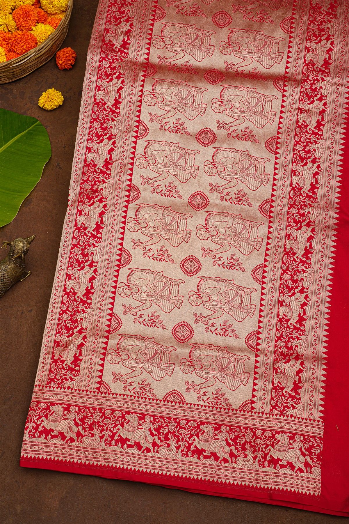 Banarasi Silk Red Saree With Animals And Women Motifs Border