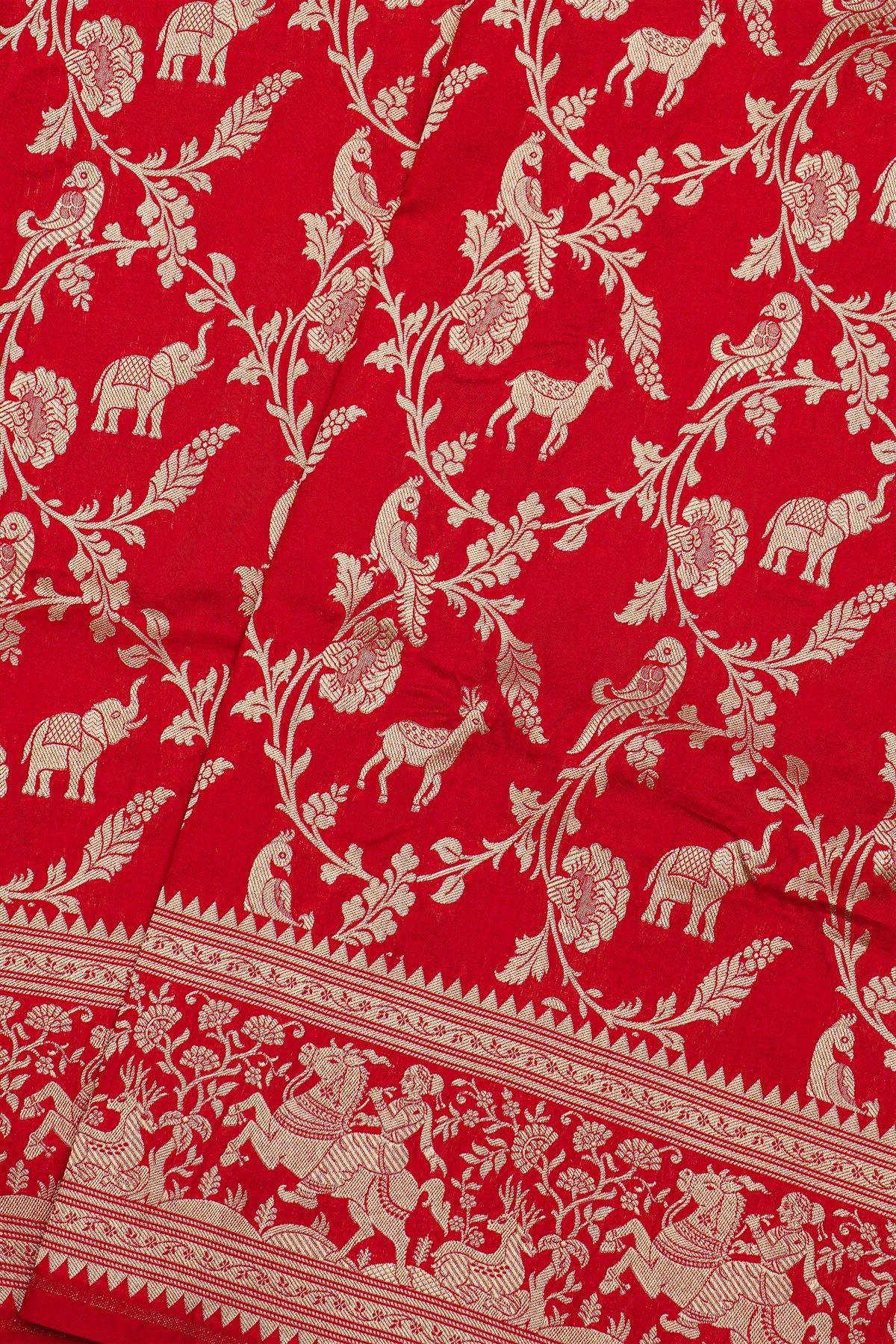 Banarasi Silk Red Saree With Animals And Women Motifs Border