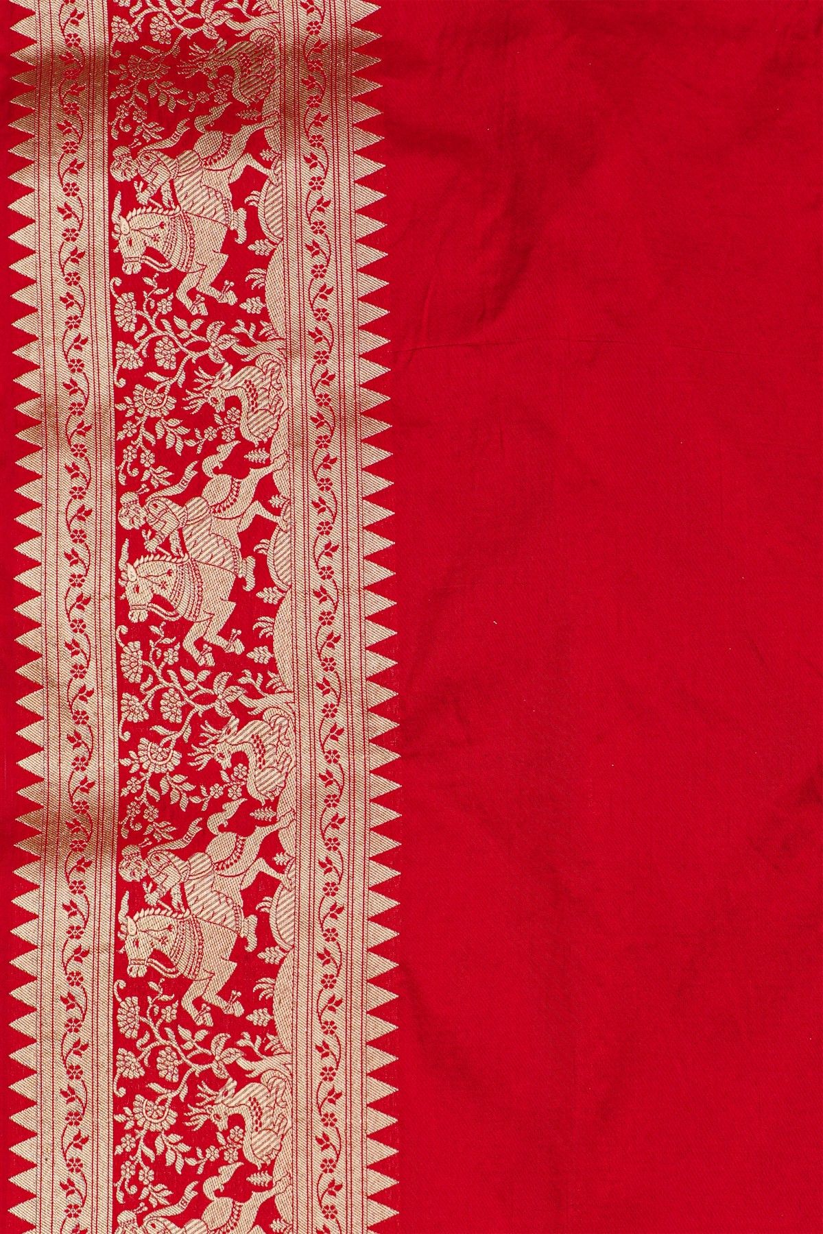 Banarasi Silk Red Saree With Animals And Women Motifs Border