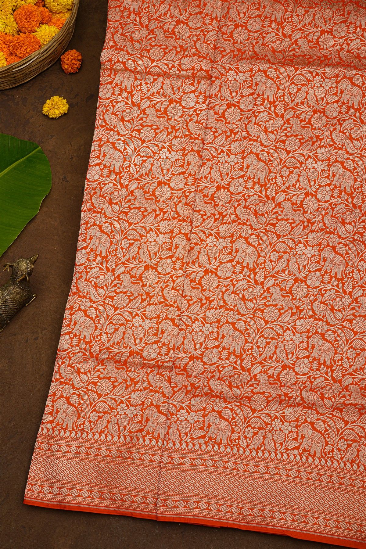 Banarasi Silk Orange Saree With Diamonds In Zari Border