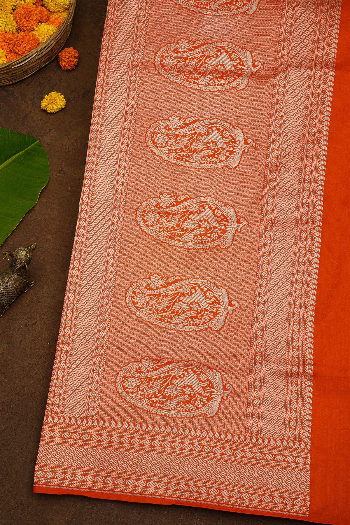 Banarasi Silk Orange Saree With Diamonds In Zari Border