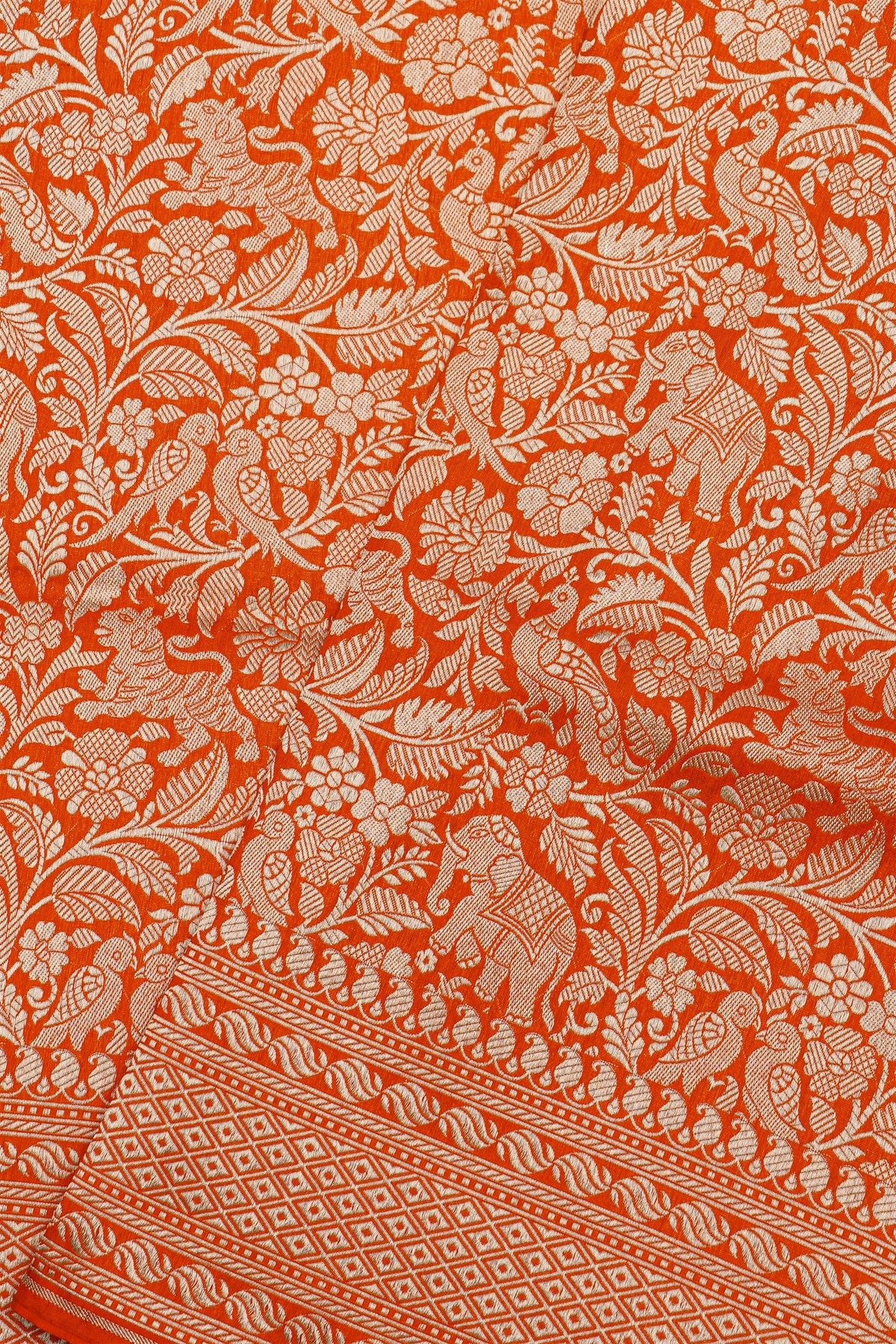 Banarasi Silk Orange Saree With Diamonds In Zari Border