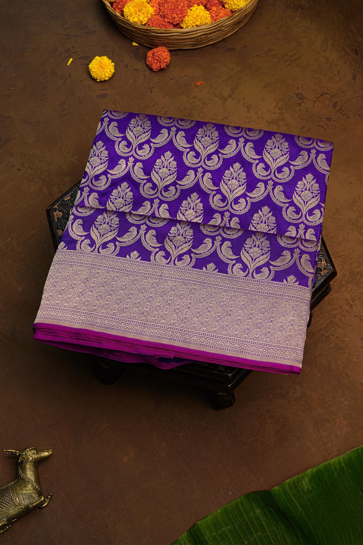 Banarasi Silk Violet Saree With Florals And Birds