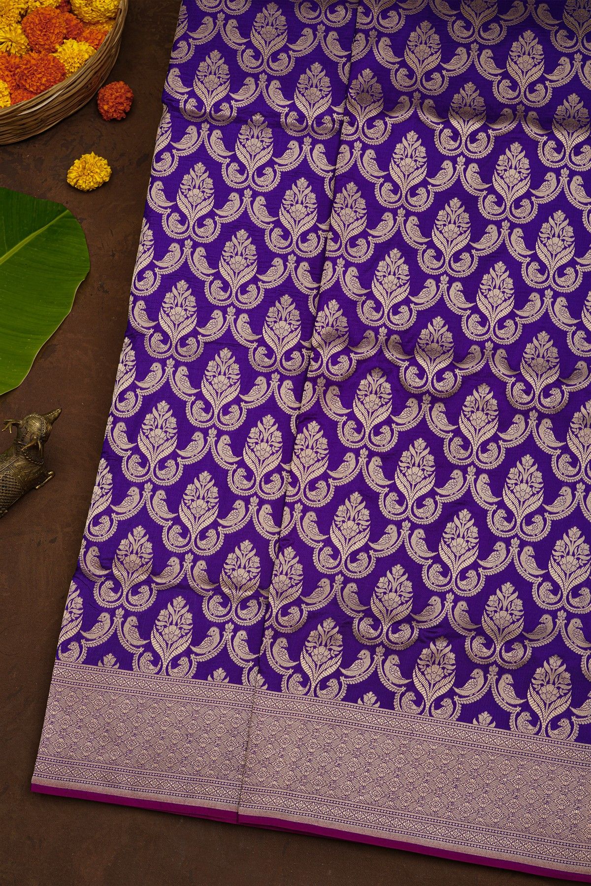 Banarasi Silk Violet Saree With Florals And Birds