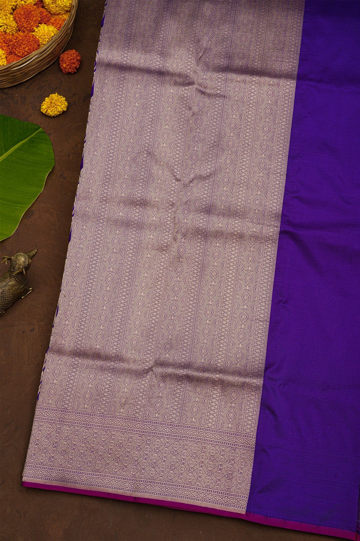 Banarasi Silk Violet Saree With Florals And Birds