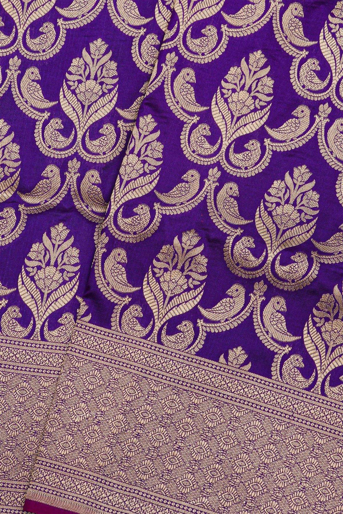 Banarasi Silk Violet Saree With Florals And Birds