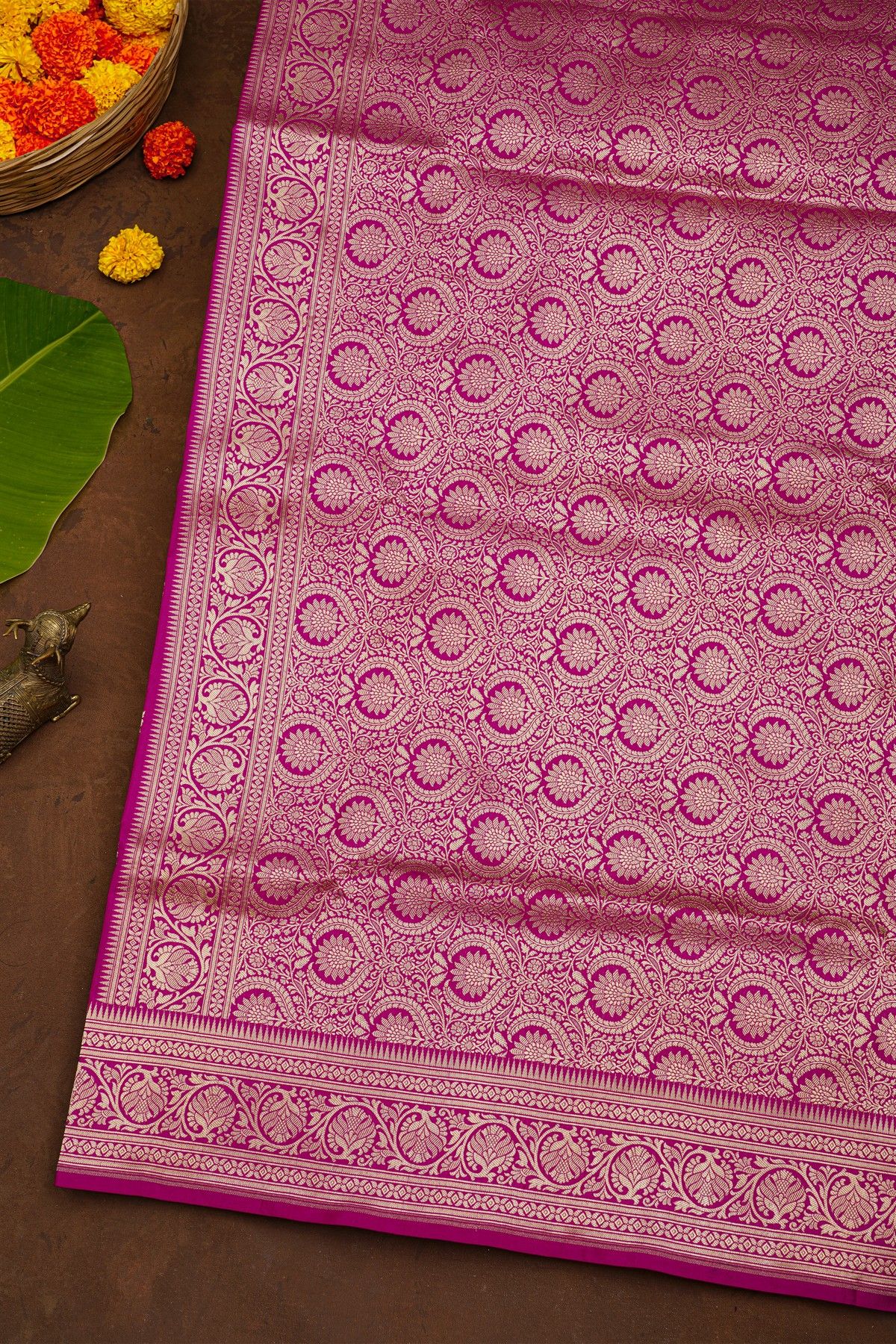 Banarasi Silk Pink Saree With Florals And Buttis Body