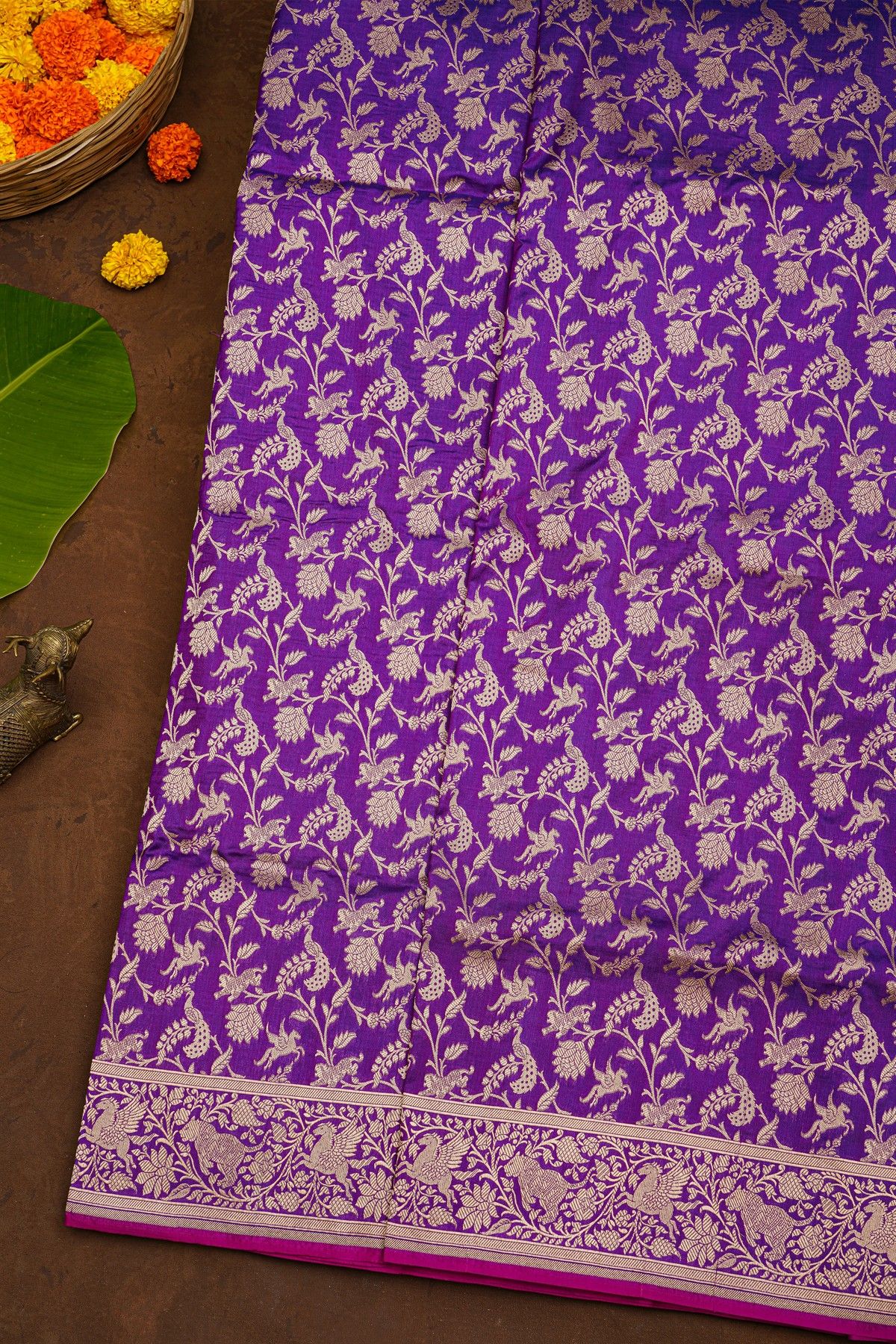 Banarasi Silk Royal Blue Saree With Florals Self Border