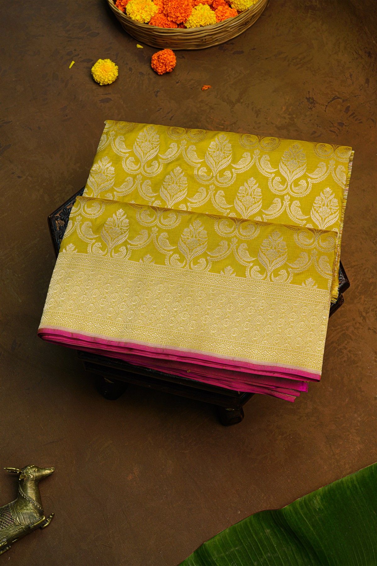 Banarasi Silk Mehendi Green Saree With Florals And Birds
