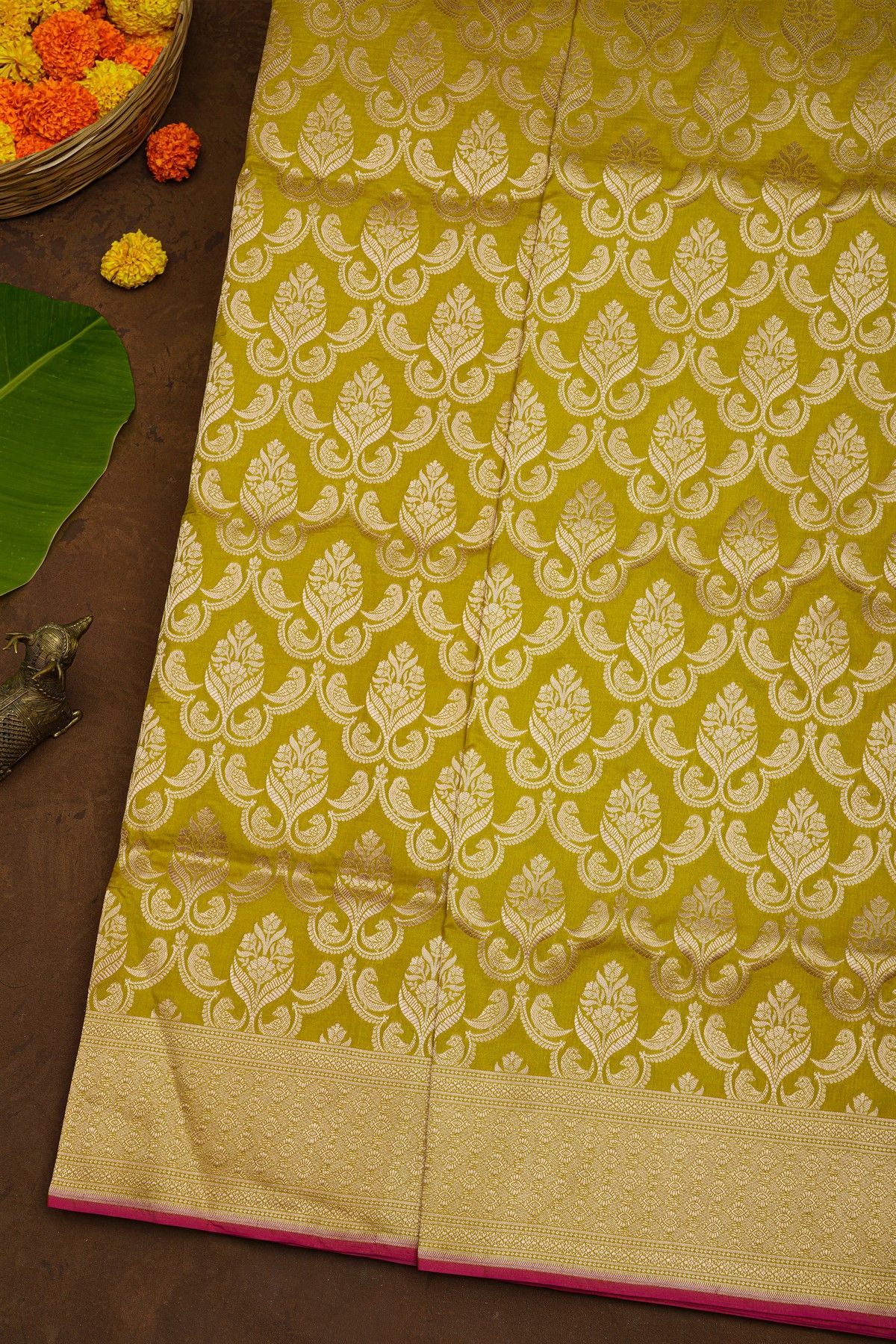 Banarasi Silk Mehendi Green Saree With Florals And Birds
