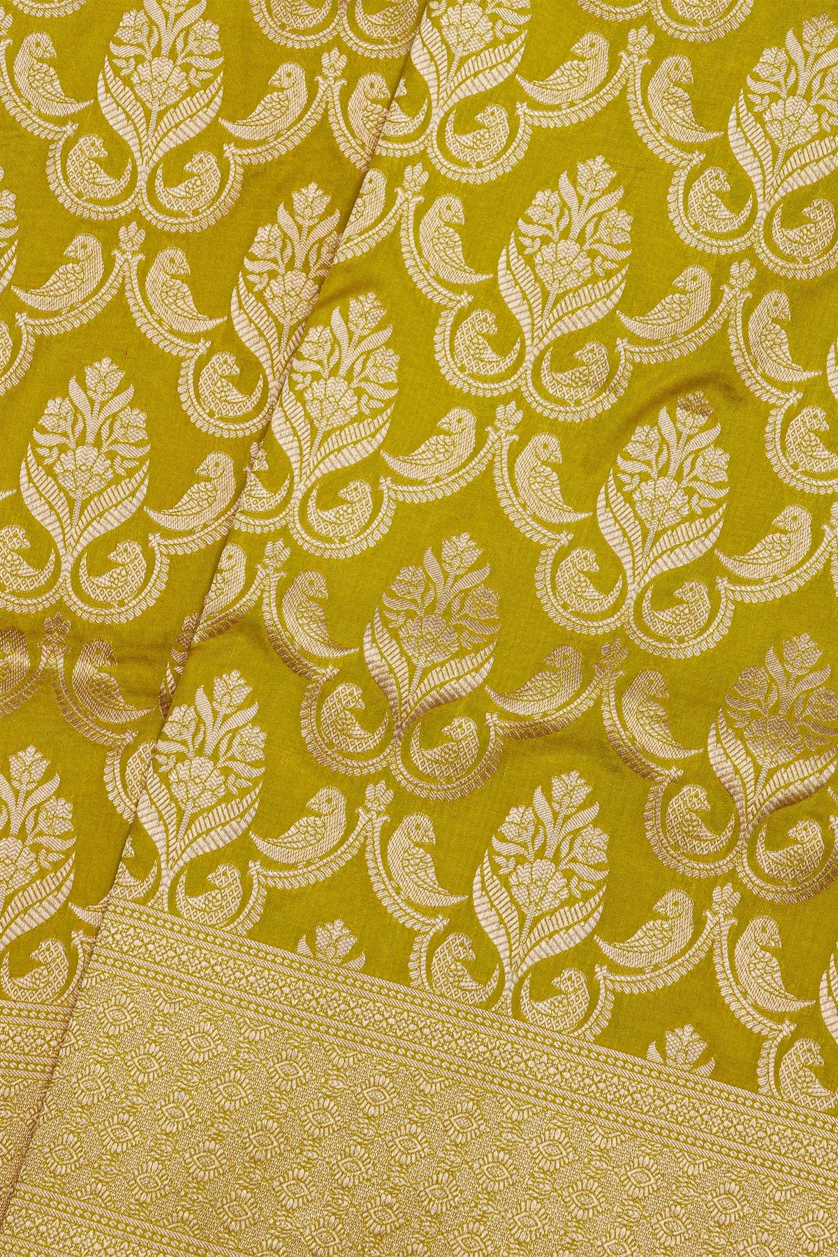 Banarasi Silk Mehendi Green Saree With Florals And Birds