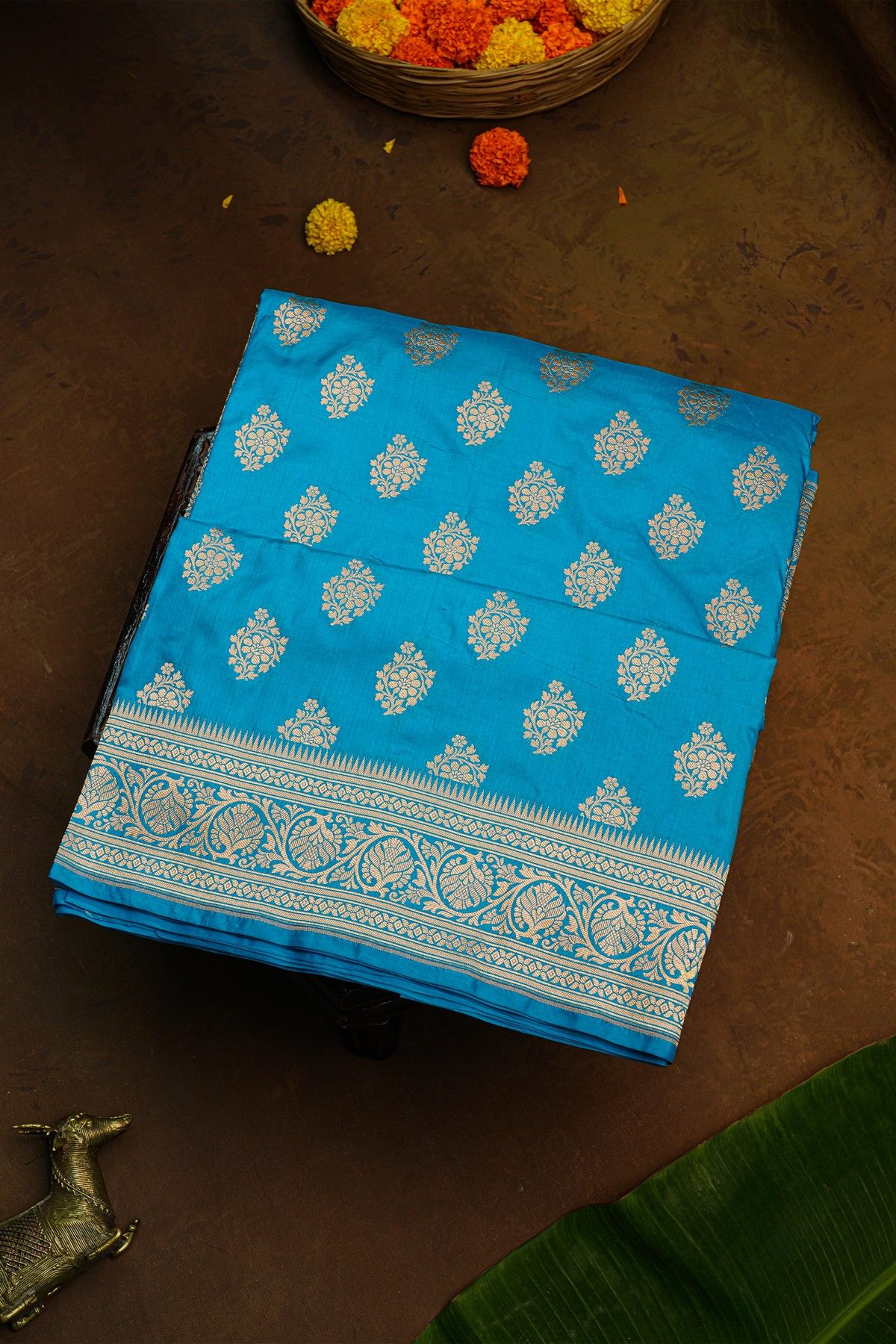 Banarasi Silk Sky Blue Saree With Florals And Leaves Jaal Border