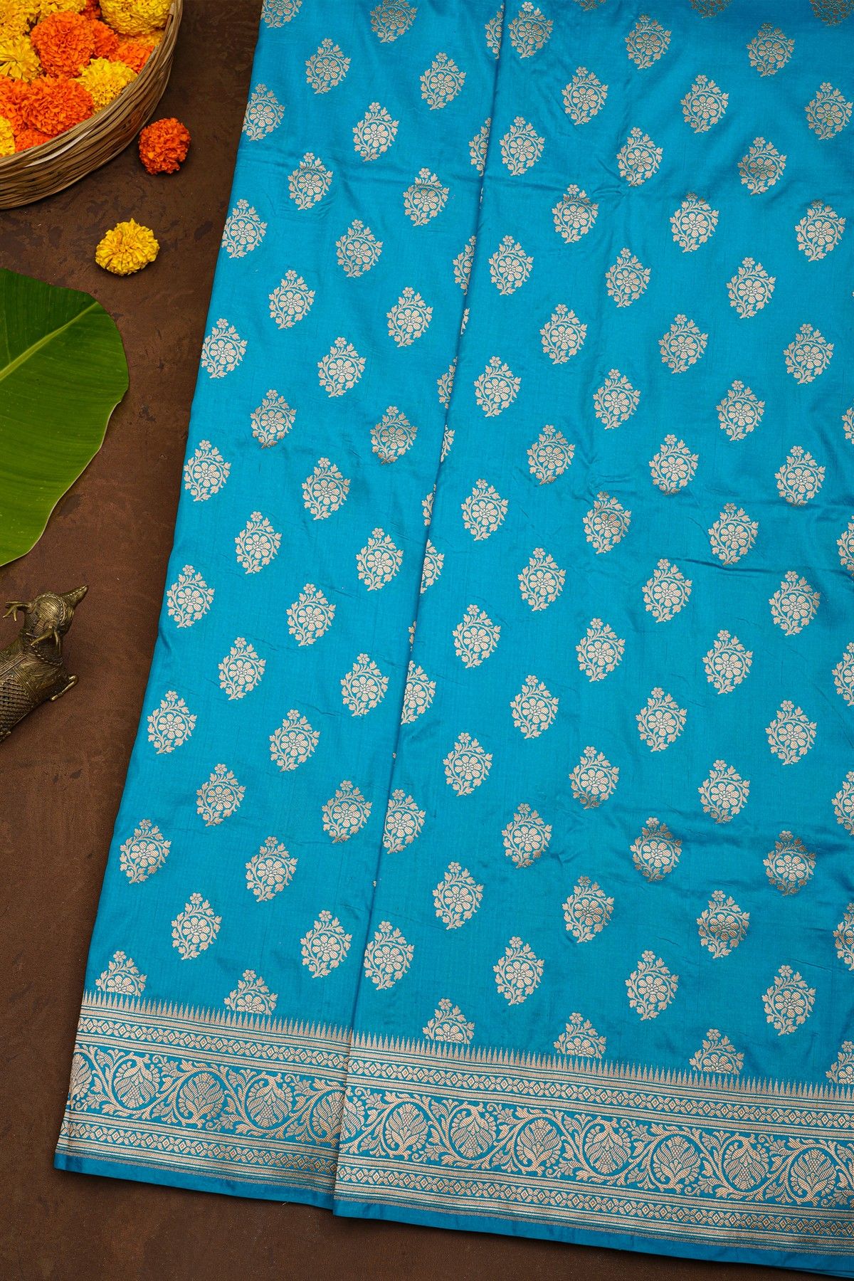 Banarasi Silk Sky Blue Saree With Florals And Leaves Jaal Border
