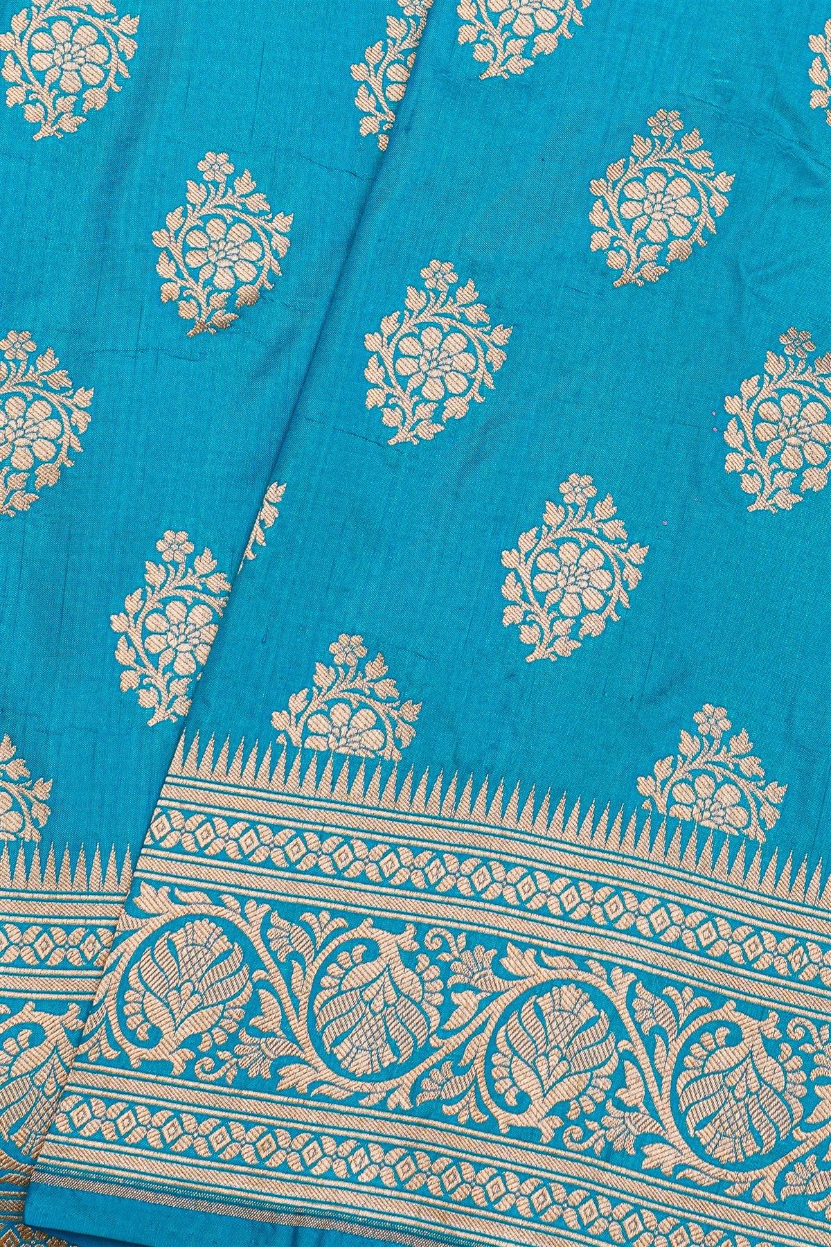 Banarasi Silk Sky Blue Saree With Florals And Leaves Jaal Border