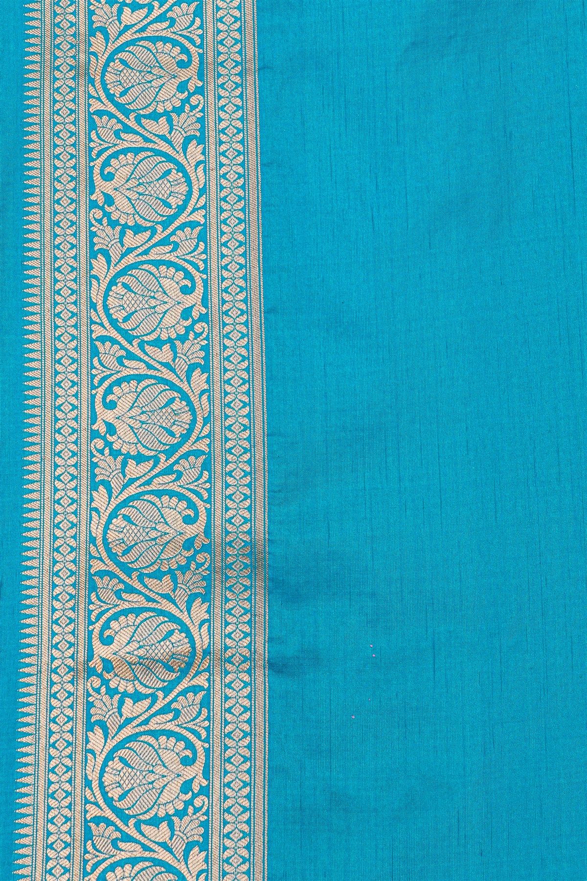 Banarasi Silk Sky Blue Saree With Florals And Leaves Jaal Border
