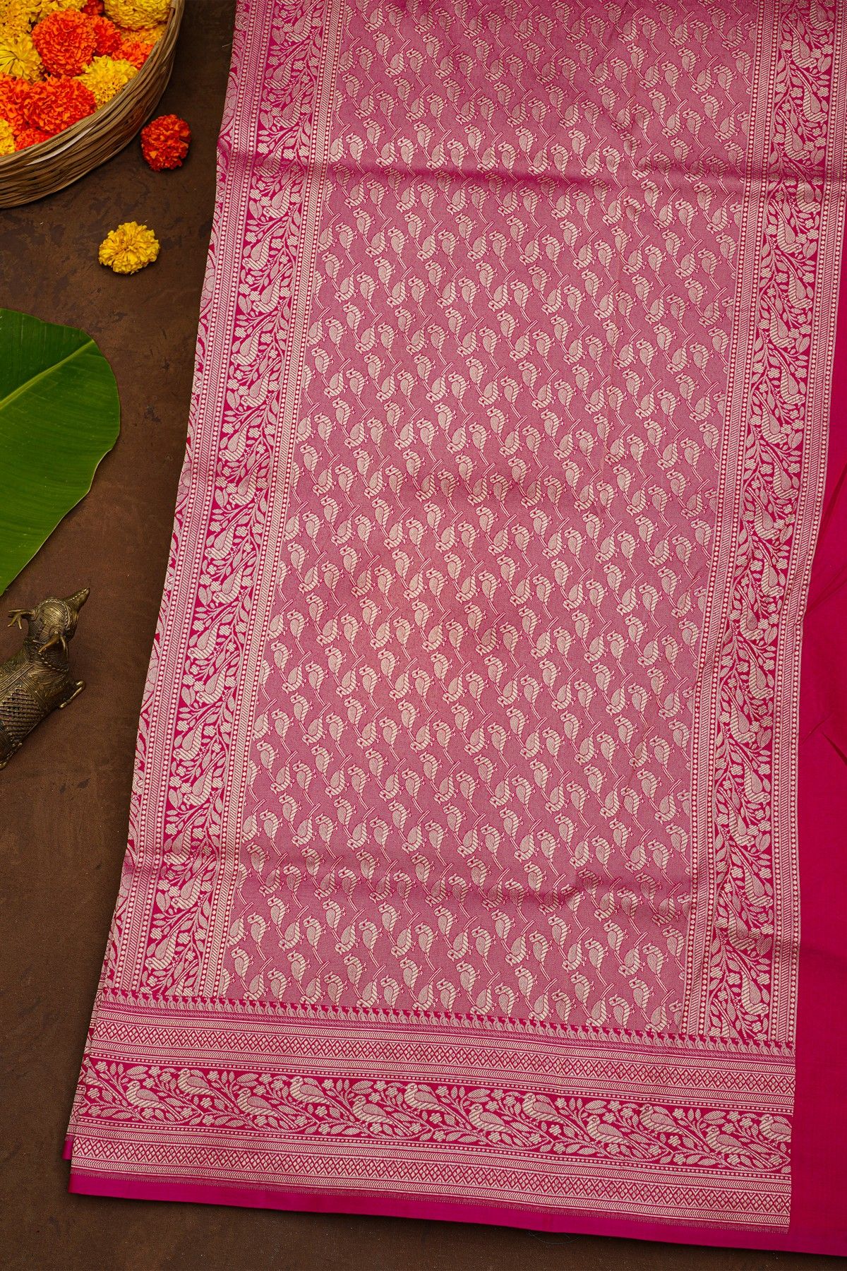Banarasi Silk Rani Pink Saree With Florals And Birds Border