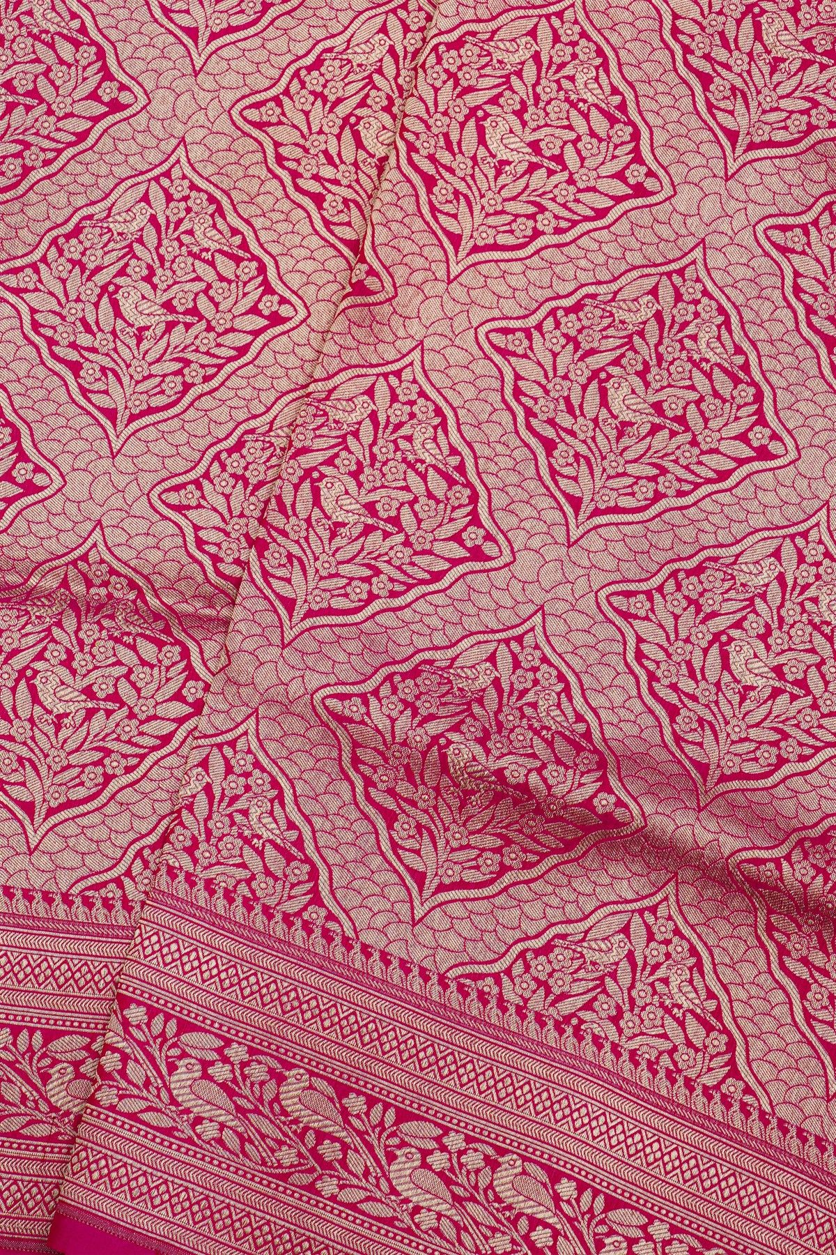 Banarasi Silk Rani Pink Saree With Florals And Birds Border