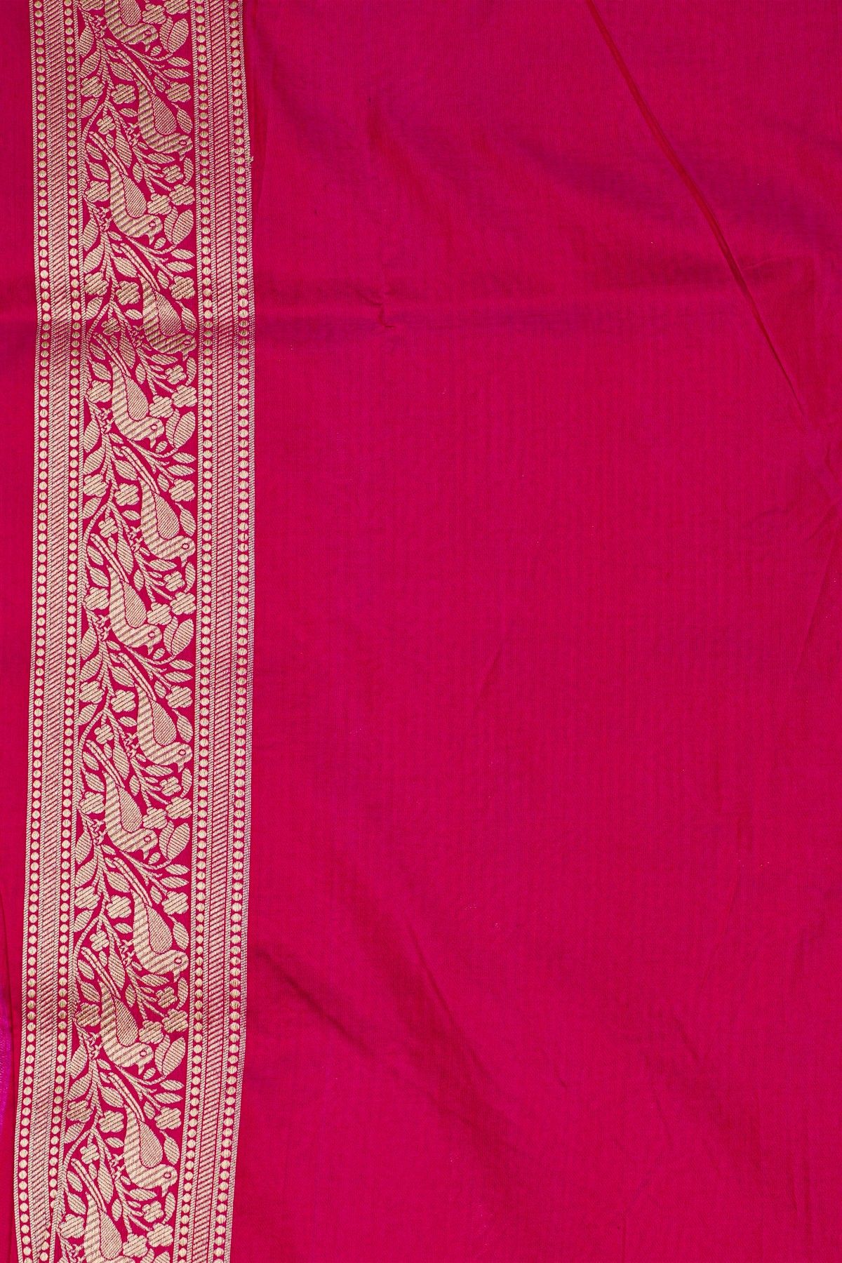 Banarasi Silk Rani Pink Saree With Florals And Birds Border